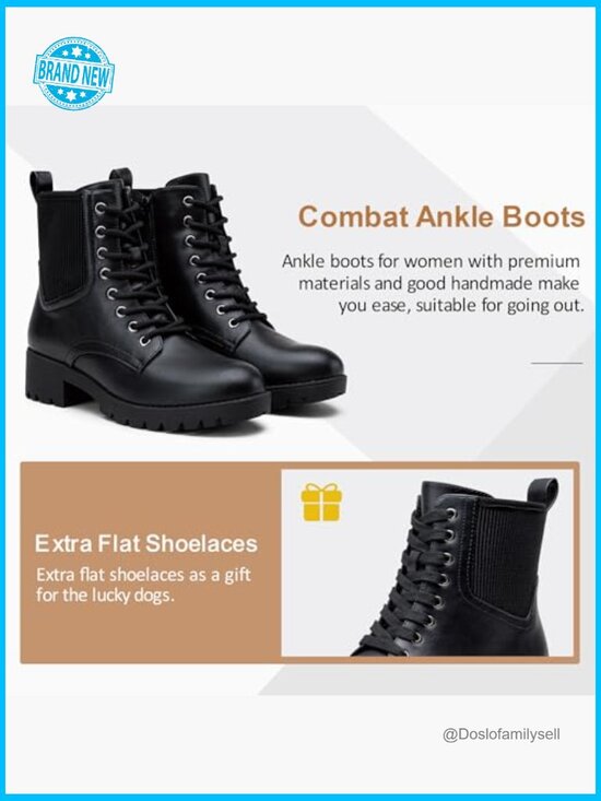 Black Lace Up Black Ankle Boots With Zipper Vepose Women Ankle Boots Combat Lace Up Short Booties with Inside Zipper Low Heel Faux